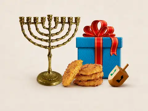 A menorah with a gift, latkes, and a dreidel
