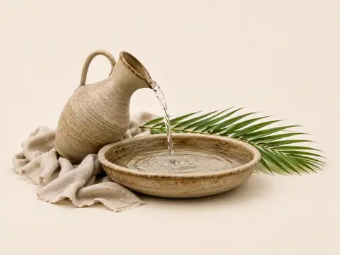 A ceramic pitcher pouring water into a shallow basin beside a palm branch on a light background