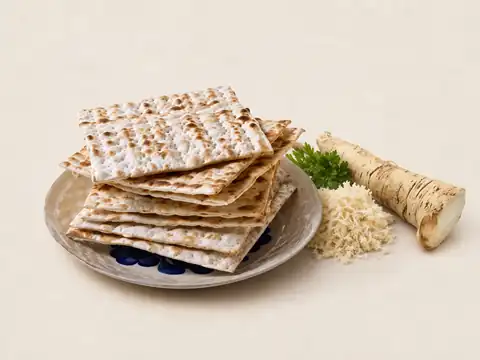 Matzah, horseradish, and green herbs arranged on a light background