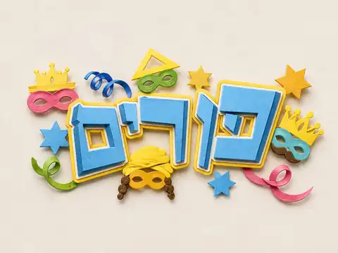Colorful Purim lettering with masks, crowns, stars, and ribbons