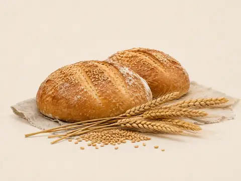 Two rustic loaves with wheat arranged on a light background