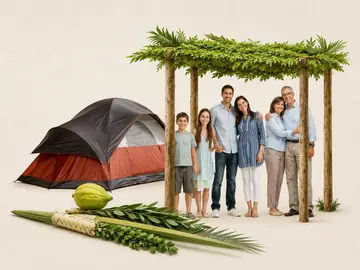 A family standing beneath a sukkah with a tent, etrog, and lulav
