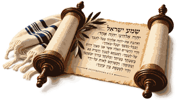 Open Torah scroll with the Shema in Hebrew, a tallit, and an olive branch