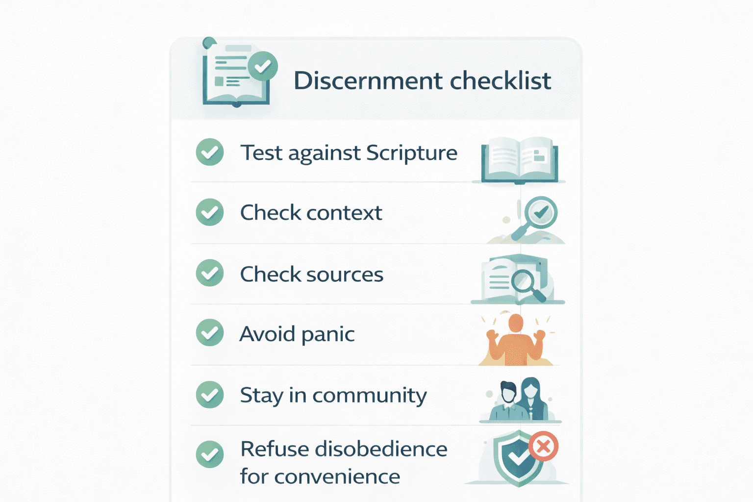 Discernment checklist with six items: test against Scripture, check context, check sources, avoid panic, stay in community, refuse disobedience for convenience