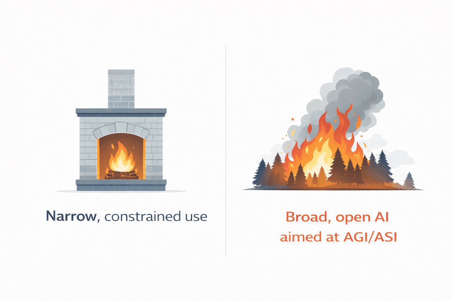 A fireplace labeled narrow, constrained use contrasted with a distant wildfire labeled broad, open AI aimed at AGI/ASI